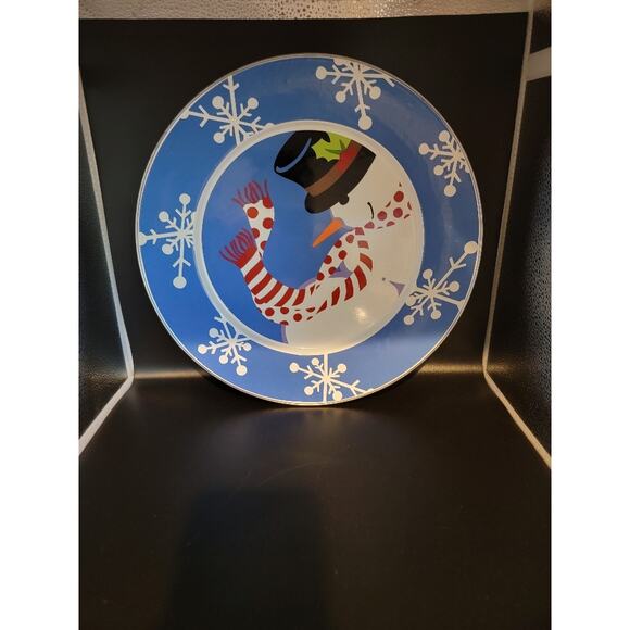 Golden Rabbit Blue Snowman Enamelware Collector Plate by Michael Sparks 12.5" - Picture 7 of 7